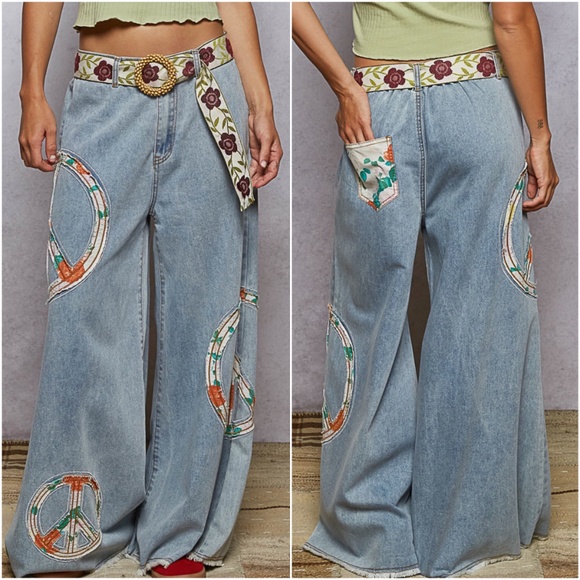 POL Peace Patchwork Light Wash Wide leg Denim Jean pants - Picture 4 of 4